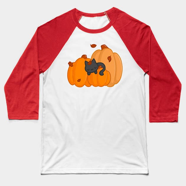 Sleepy Pumpkin Cat Baseball T-Shirt by perdita00